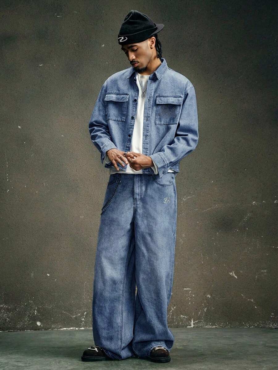 AXEPEAK 男士休闲水洗翻盖口袋牛仔夹克和牛仔裤套装，秋季 - 藍色 - 查看 1