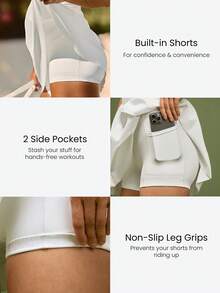 GLOWMODE Ace The Day Half-Zip Placket Tummy Control Built-In Shorts Cap Sleeves Side Pockets Anti-Slip Grips Tennis Dress Low Impact Tennis Golf Pickleball Daily Casual Wear - White - View 8