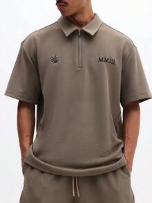 SUMWON Besticktes Poloshirt und Shorts Set mit Viertelreißverschluss und Tunnelzug in der Taille für lässigen Sommertragen - Khaki - Übersicht 5