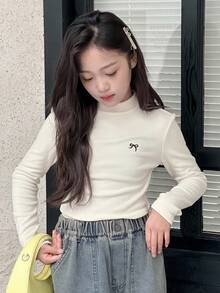 DAZY Tween Girls Crew Neck Knit Thermal Lined Bow Print T-Shirt, Autumn Long Sleeve Tops Women - Beige - View 7