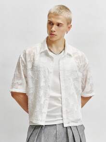 TOKVUE 男士休闲时尚短袖衬衫，花卉提花面料，宽松落肩设计，纽扣前襟，休闲风格，适合从屋顶酒吧到海滩婚礼等各种场合，低调奢华服饰，商务旅行，度假，低调都市绅士风格，美式复古风，日常通勤，周末郊游，户外活动，节日礼物，男友礼物 - 白色 - 查看 3