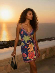 CAJUNI Vestido de tirantes con estampado de palmeras sexy y nudo en la cintura para vacaciones de mujer - Multicolor - Ver 3