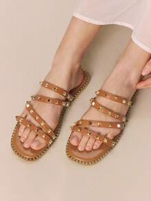 Styleloop Women's Flat One-Strap Sandals, New Summer Fashion Versatile Flat Rivet Shoes, Beach & Vacation Casual Series - Brown - View 4