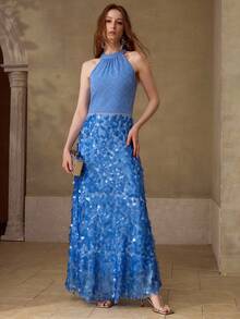 MOTF PREMIUM NEW SLEEVELESS CONTRAST SEQUIN ELEGANT DRESS, FASHION SUMMER BACKLESS SLIM LONG DRESS - Blue - View 7