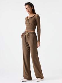 Loungeista 2pcs Set Women Long Sleeve Solid Color Tight Fitting Top And Pants Set, Spring/Autumn/Winterfor Summer - View 4