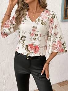 SHEIN Clasi 女士优雅通勤印花喇叭袖衬衫 - 杏色 - 查看 6