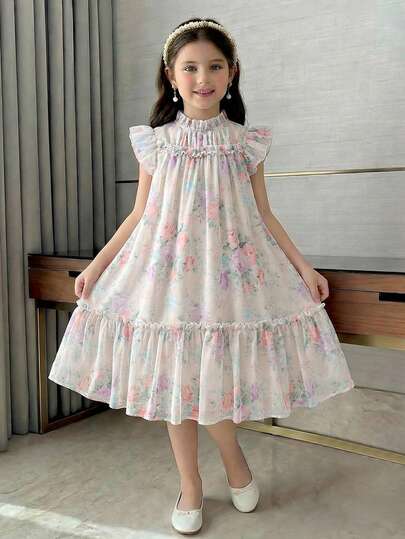 SHEIN Tween Girl' Pink Chiffon Printed Cap Sleeve Patchwork Ruffle Collar Loose Dress, Elegant & , Summer,Holiday,Summer,Travel