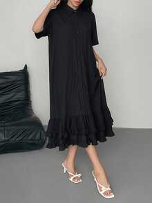 DAZY Women's Elegant Ruffled Collar Loose Mid-Length Dress Summer Sun Dresses For Women - Black - View 4