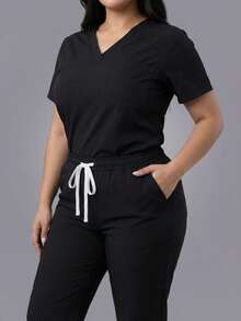 Set Surgical Uniform Set 2 Pieces Lady Woman Sleeve Short Neck V Pants Jogger Spring Comfy Drawstring - Black - View 3