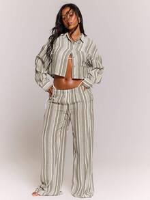 MUSERA Textured Linen Stripe Wide Leg Drawstring Trouser Co-Ord Bottoms Only Spring Summer Beachwear Holiday Vacation Cute Casual - Multicolor - View 1