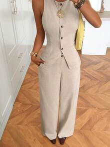 SHEIN EZwear 杏色休闲通勤背心和裤子套装 - 杏色 - 查看 1