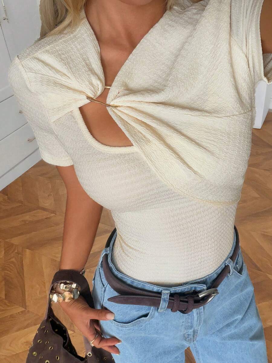 SHEIN EZwear Apricot Asymmetrical Fitted Women T-Shirt,Summer Top - Apricot - View 1