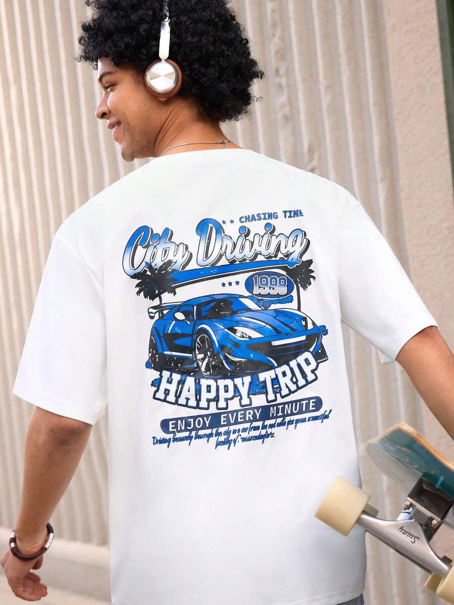 Open Phase ONE WAVE Men's Casual Versatile Simple English Slogan & Car Graphic Short Sleeve T-Shirt - White - View 1