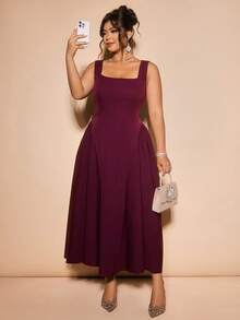 Cravure Plus Size Women's Solid Color Flared Square Neck Sleeveless Elegant Dress - Burgundy - View 3