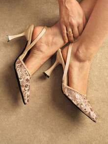 Rosivie Women's Shoes Fashion Pointed Sequins Back Strap Stiletto Sandals Women's Elegant Romantic Temperament Versatile High Heels - Apricot - View 1