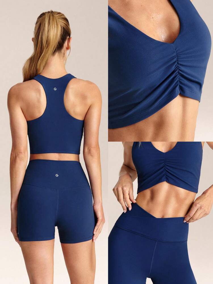 FeatherFit™ Reggiseno sportivo con spalline a racer, morbido come burro, traspirante, elastico, con coppe rimovibili e arricciatura frontale. Pantaloncini da ciclista con vita a incrocio a forma di Y, 4,3" di lunghezza, per basso impatto, ideali per palestra, studio, allenamento, ciclismo, corsa e uso casual quotidiano