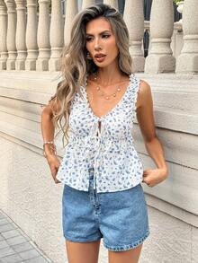 SHEIN PariChic Áo camisole nữ thanh lịch cổ tròn, xếp ly, thắt nơ, họa tiết hoa. - trắng - Xem 3