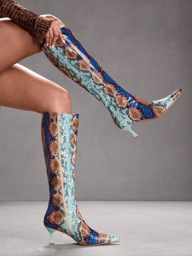 CUCCOO SZL Women's Fashion Pointed Toe Snakeskin Pattern Minimalist Elegant Versatile Side Zipper Stiletto Knee-High Boots For Christmas