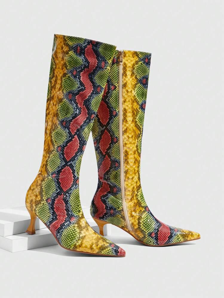 CUCCOO SZL Women's Fashion Pointed Toe Snakeskin Pattern Minimalist Elegant Versatile Side Zipper Stiletto Knee-High Boots For Christmas Spring Shoes