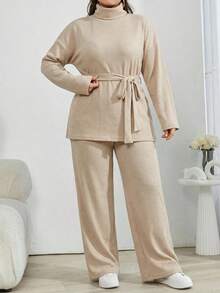 Solid Color Turtleneck Casual Soft Form Modest Sweater 2pcs/Set Lounge Date Night Apricot Autumn - Beige - View 6