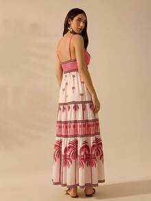 CAJUNI Vestido de mujer estilo boho con estampado tropical de árbol de coco, escote en V y tirantes finos, vestido casual de playa para vacaciones de verano - Multicolor - Ver 2