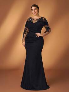 Serin Robe de soirée élégante et luxueuse de grande taille avec appliqués, manches plissées et volantées, coupe sirène. Convient pour les soirées, galas, mariages, mères de mariée. Robe de cérémonie noire élégante, robe de cocktail noire à manches longues, robe de mariée noire en dentelle, robe élégante pour femme - Noir - Voir 7