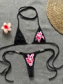 Swim Vcay 2pcs Women's New Floral Print Spaghetti Strap Backless Micro Triangle Top And Thong Sexy Bikini Set Set - Black - View 1
