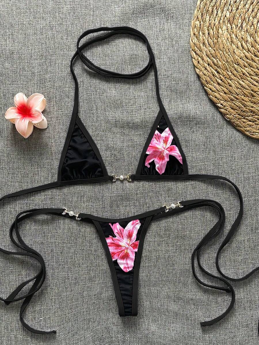 Swim Vcay 2pcs Women's New Floral Print Spaghetti Strap Backless Micro Triangle Top And Thong Sexy Bikini Set Set - Black - View 1
