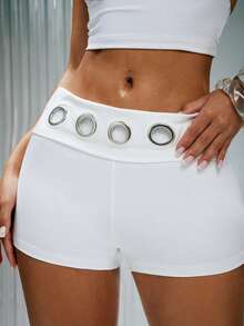 Denimoi O型环翻边腰部热裤性感超短迷你短裤演唱会服装夜店装GNO - 白色 - 查看 3