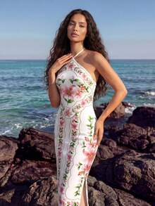 CAJUNI 玫瑰水粉花卉印花中长针织连衣裙。 - 粉色 - 查看 1