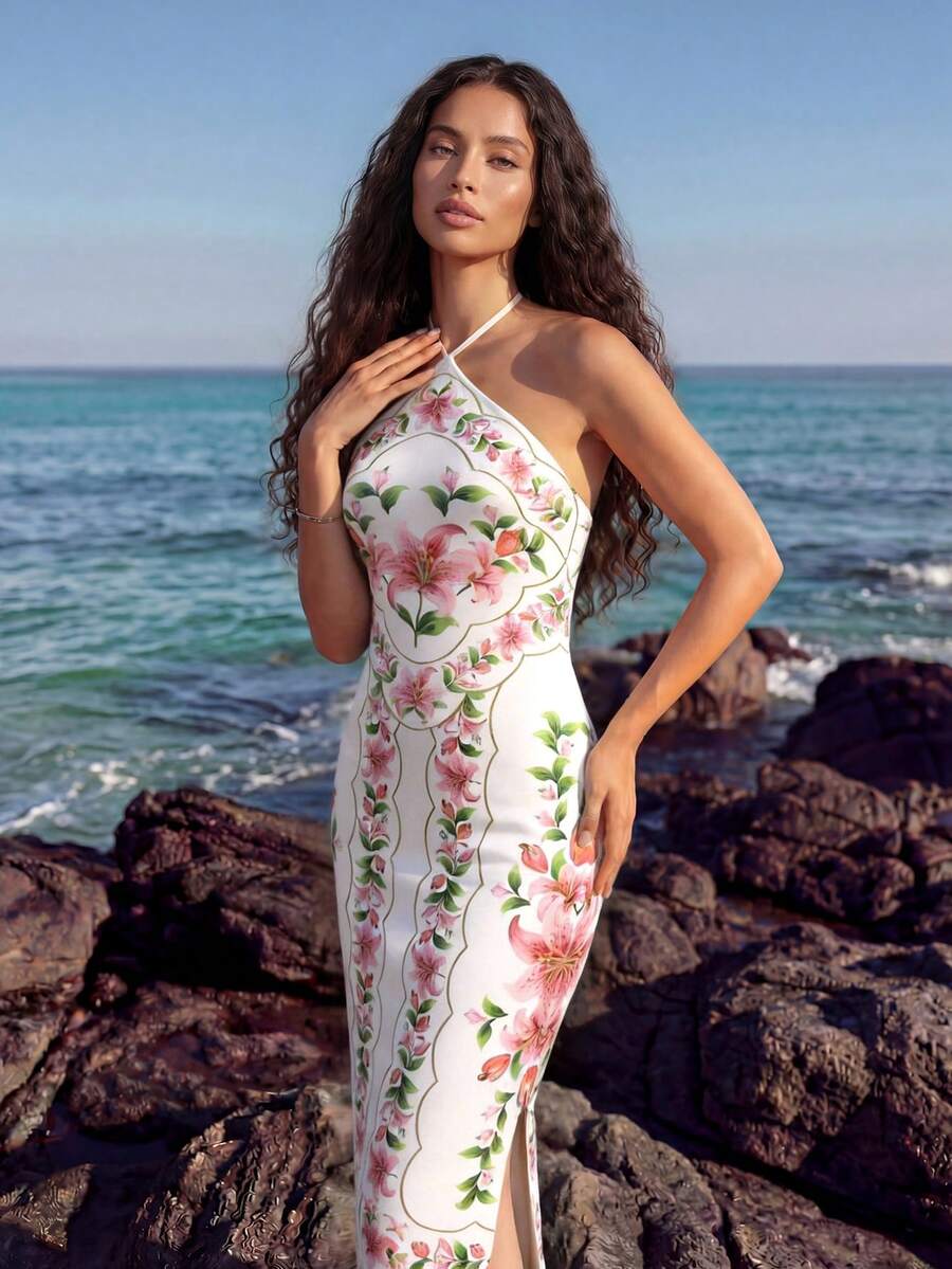 CAJUNI 玫瑰水粉花卉印花中长针织连衣裙。 - 粉色 - 查看 1