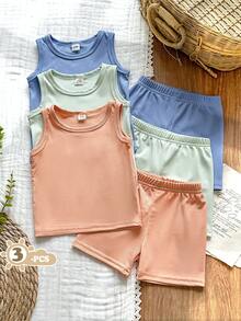 SHEIN Vintaside Kids Bộ quần áo mùa hè 6 món cho bé trai, gồm 3 màu: đen, trắng, áo vest kẻ sọc và quần short, thoải mái, giản dị, đa năng, phù hợp mặc hàng ngày. - Nhiều màu - Xem 4