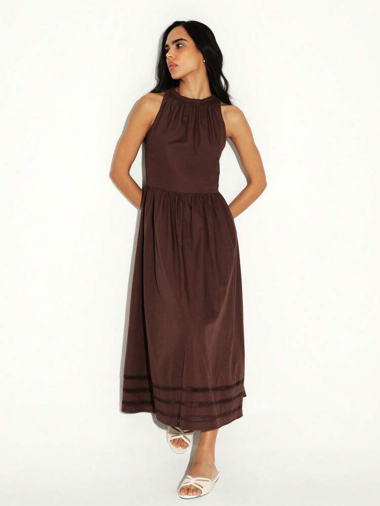 KSTM Halter Neck Midi Dress With Gathered Neckline And Sheer Mesh Panel Hem Detail