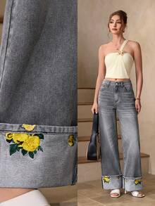 Selenza 女士带口袋阔腿宽松休闲百搭牛仔裤 - 灰色 - 查看 1