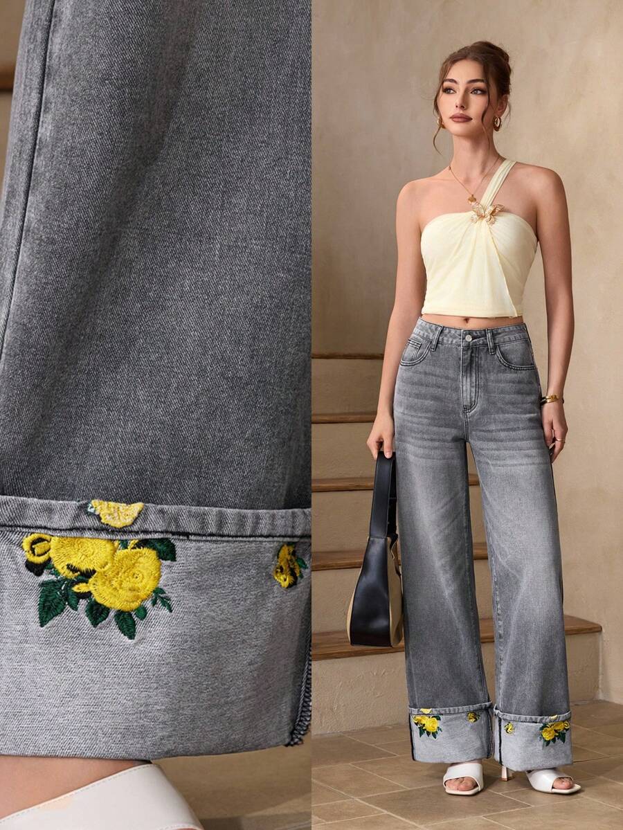 Selenza 女士带口袋阔腿宽松休闲百搭牛仔裤 - 灰色 - 查看 1