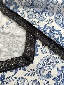 SHEIN Relax And Casual 3 Pieces Cottonline Pajama Set With Lace Detailed Cute Shawl Pattern - Blue and White - View 6