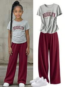 Teenage Girls' Casual Graduation Back-To-School Summer Set,Pleated Waist Short Sleeve Letter T-Shirt & Loose Wide Leg Sweatpants Sports Daily Wear - Multicolor - View 1