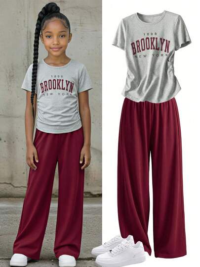 Teenage Girls' Casual Versatile Daily Wear & School Sports Round Neck Pleated Waist Short Sleeve Top + Loose Wide Leg Sweatpants Letter T-Shirt Set, Spring/Summer