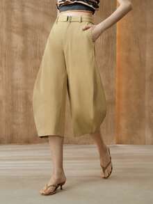 SHEIN Women's High-Waisted A-Line Wide-Leg Cropped Trousers With Belt,Khaki,Summer,Elegant Unique,Date Casual Vacation Spring Office Work Outfits Clothing - Khaki - View 5