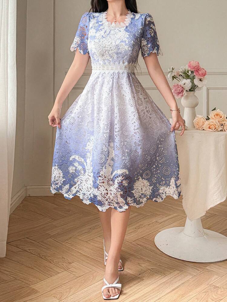 Women's Elegant Ombre Floral Lace Mid-Length Dress, Summer Sun Dresses For Women