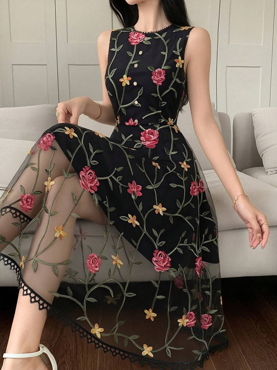 DAZY Floral Print Sleeveless Midi Dress For Women Sundress Summer - Black - View 1