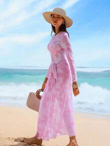 Swim Shayni Women's 3-Piece Set: Pink Floral Print Long Sleeve Half-Zip Jumpsuit, Pale Pink Pants, And Mesh Maxi Skirt Burkini - Multicolor - View 4