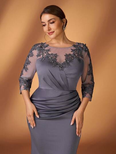 Serin Plus Size Elegant Luxurious Romantic Gray Round Neck Applique Design 3/4 Sleeve Ruched Mermaid Hem Dress, Suitable For Evening Party, Gala, Wedding, Music Festival, Mother Of The Bride