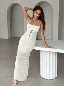 Aloruh 女士优雅系带露背雪纺纹理纯色沙滩长裙 - 杏色 - 查看 5