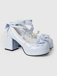 ROMWE Kawaii 女士玛丽珍款粗跟高跟鞋，蝴蝶结装饰，防水厚底鞋，圆头穆勒鞋，黄色爱心正式礼服高跟鞋，情人节 - 淡蘭色 - 查看 1