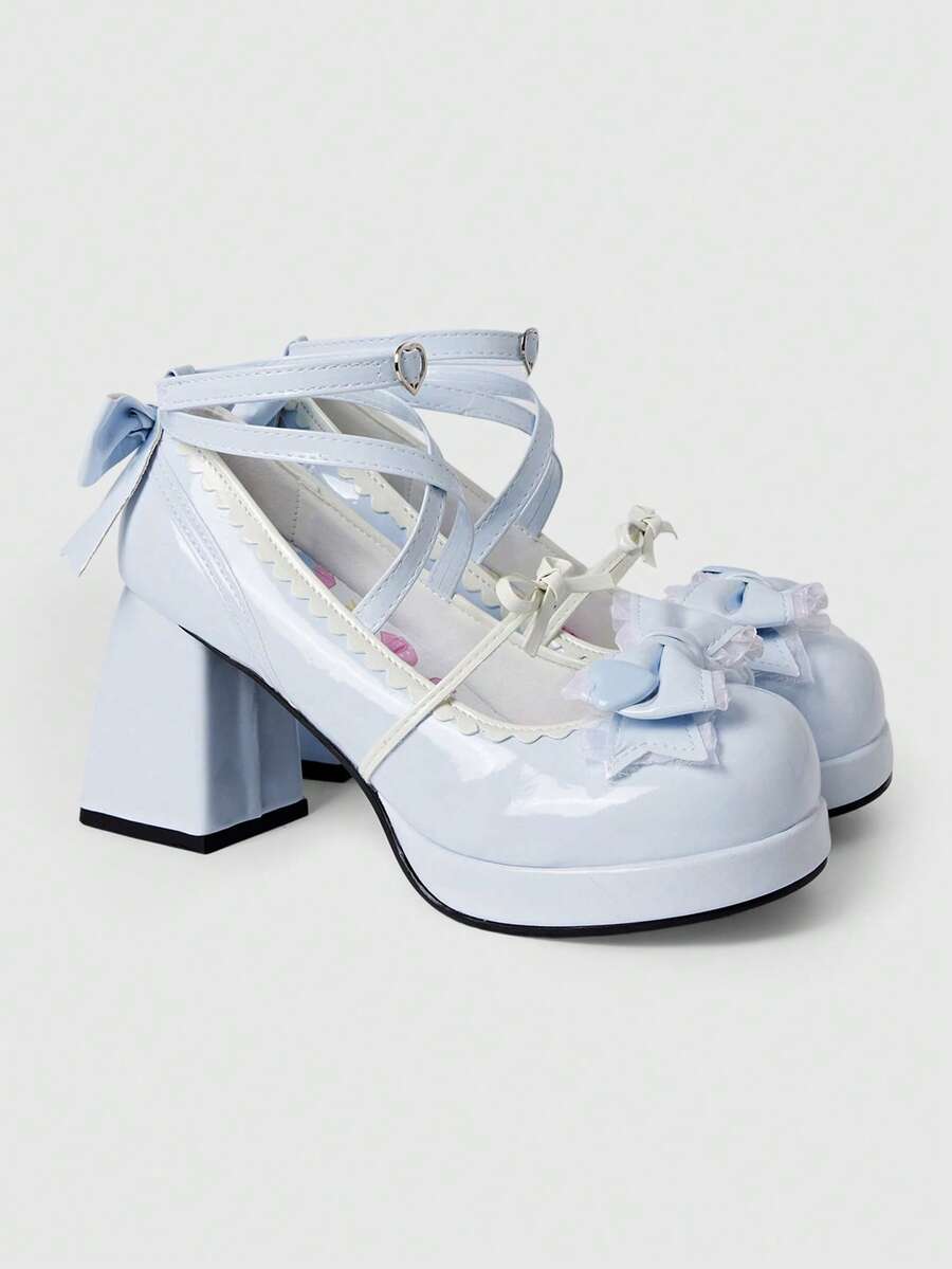 ROMWE Kawaii 女士玛丽珍款粗跟高跟鞋，蝴蝶结装饰，防水厚底鞋，圆头穆勒鞋，黄色爱心正式礼服高跟鞋，情人节 - 淡蘭色 - 查看 1