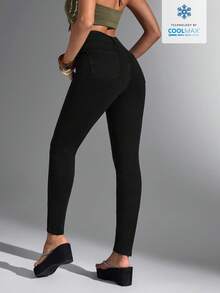Jeanoix Quần jeans nữ dáng ôm, màu trơn, túi xéo, co giãn, kiểu dáng thường ngày, đa năng. - màu đen - Xem 2