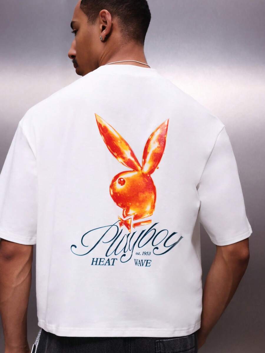 PLAYBOY X SUMWON Men Boxy Fit Crew Neck Short Sleeve Graphic Tee With Heat Wave Holiday Print White T-Shirt - White - View 1