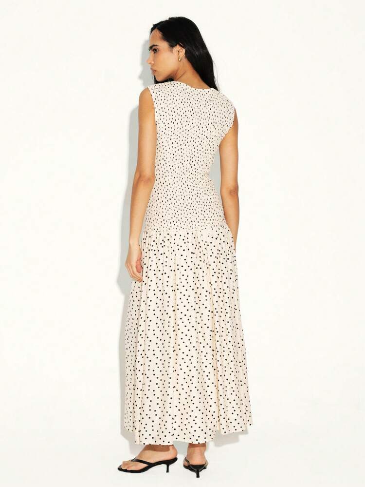 KSTM Sleeveless Smock Maxi Dress With Polka Dot Print And Relaxed Fit For Casual Summer Occasions