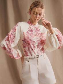 Anewsta 新款夏季度假休闲浪漫粉色花卉印花立领插肩袖优雅女士衬衫 - 杏色 - 查看 3